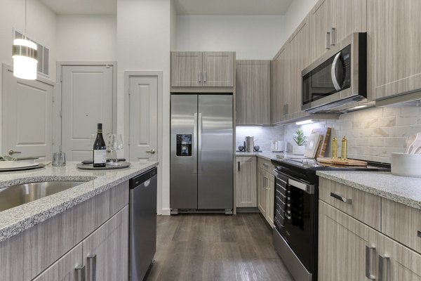 Modern kitchen with stainless steel appliances in Park at Stone Oak Apartments