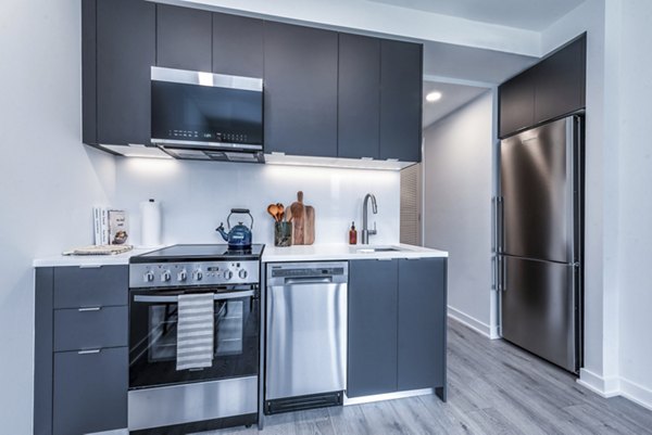 Modern kitchen featuring dark cabinets and stainless steel appliances in luxury apartments