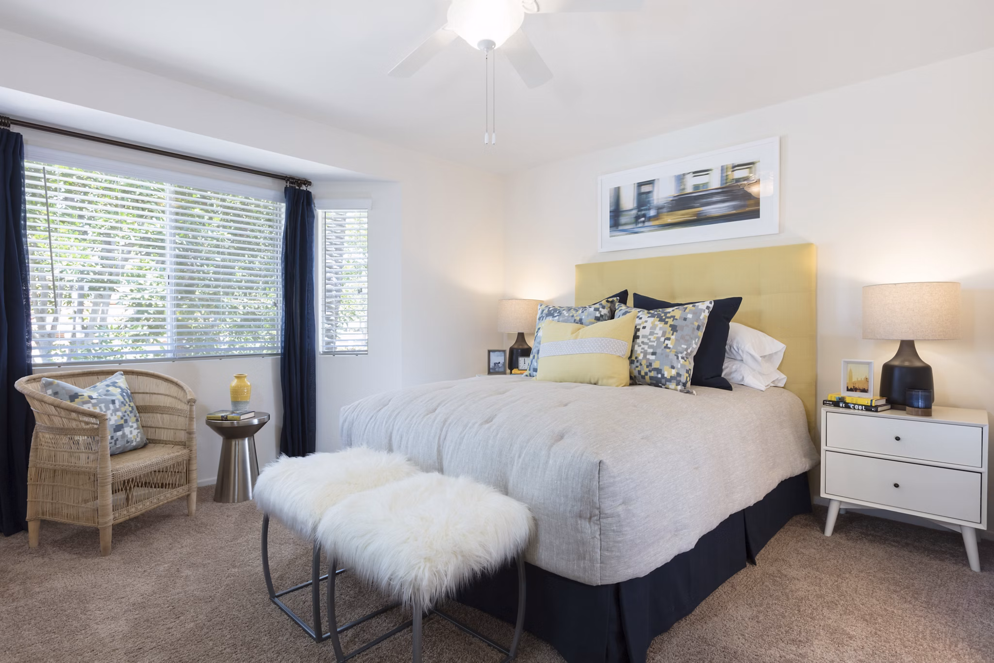 Cozy bedroom with contemporary furnishings at Barcelona Apartments, Greystar luxury living