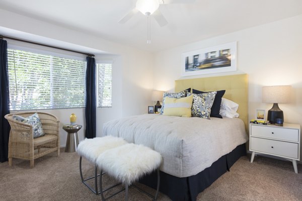 Cozy bedroom with contemporary furnishings at Barcelona Apartments, Greystar luxury living