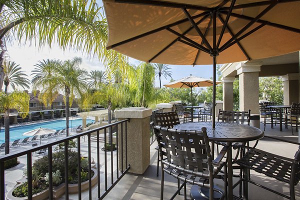Spacious patio with modern seating at Barcelona Apartments, Greystar's luxury living near city amenities