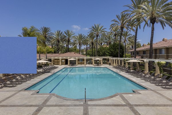 Luxury pool with sun loungers at Barcelona Apartments, featuring modern design and lush landscaping in a vibrant community setting