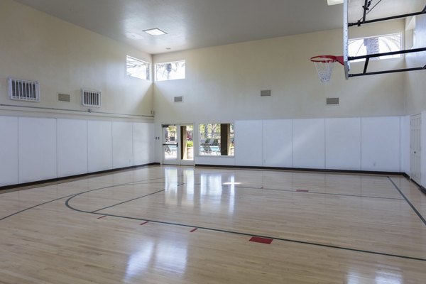 Indoor basketball court with polished hardwood floors at Barcelona Apartments, perfect for recreational play and active living