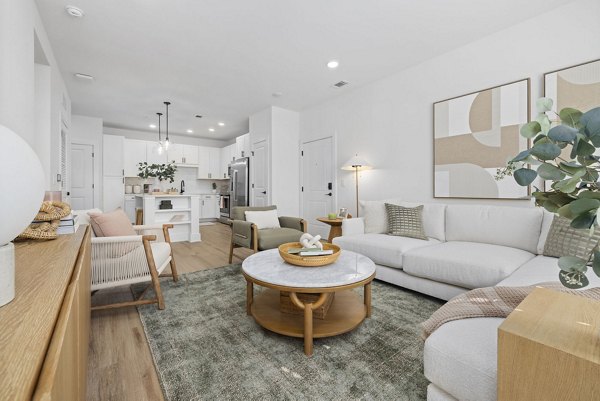 Modern living room with elegant decor at The Lindley at Grove 98 luxury apartments