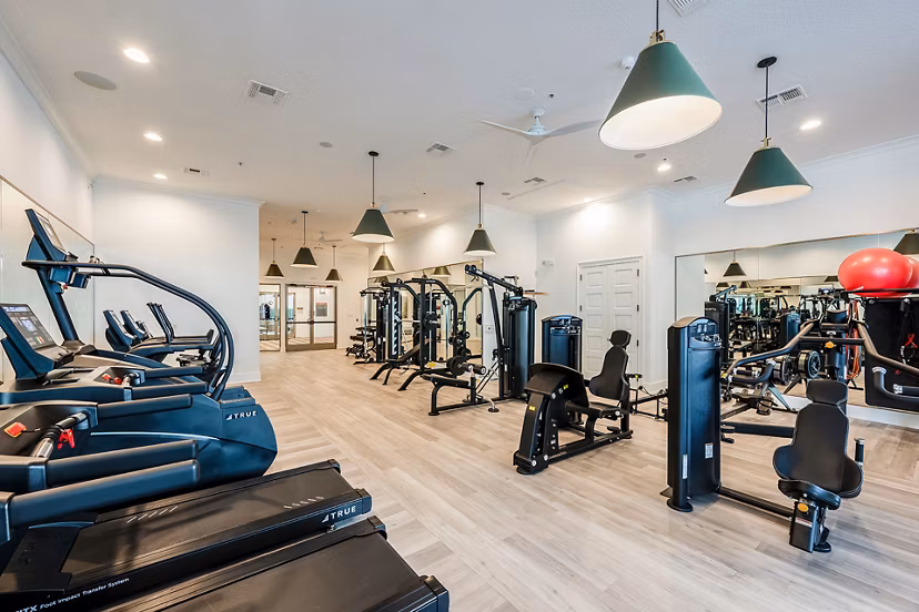 Modern fitness center with state-of-the-art equipment at The Village at Lake Lily Apartments