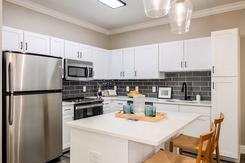 Modern kitchen with sleek countertops and stainless appliances at The Village at Lake Lily Apartments