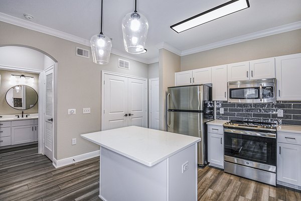 Modern kitchen with stainless steel appliances at The Village at Lake Lily Apartments