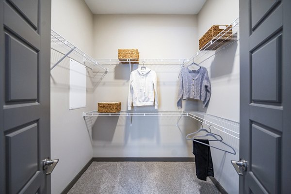 Spacious bedroom closet with built-in shelving in Sterling at Stonecrest Apartments