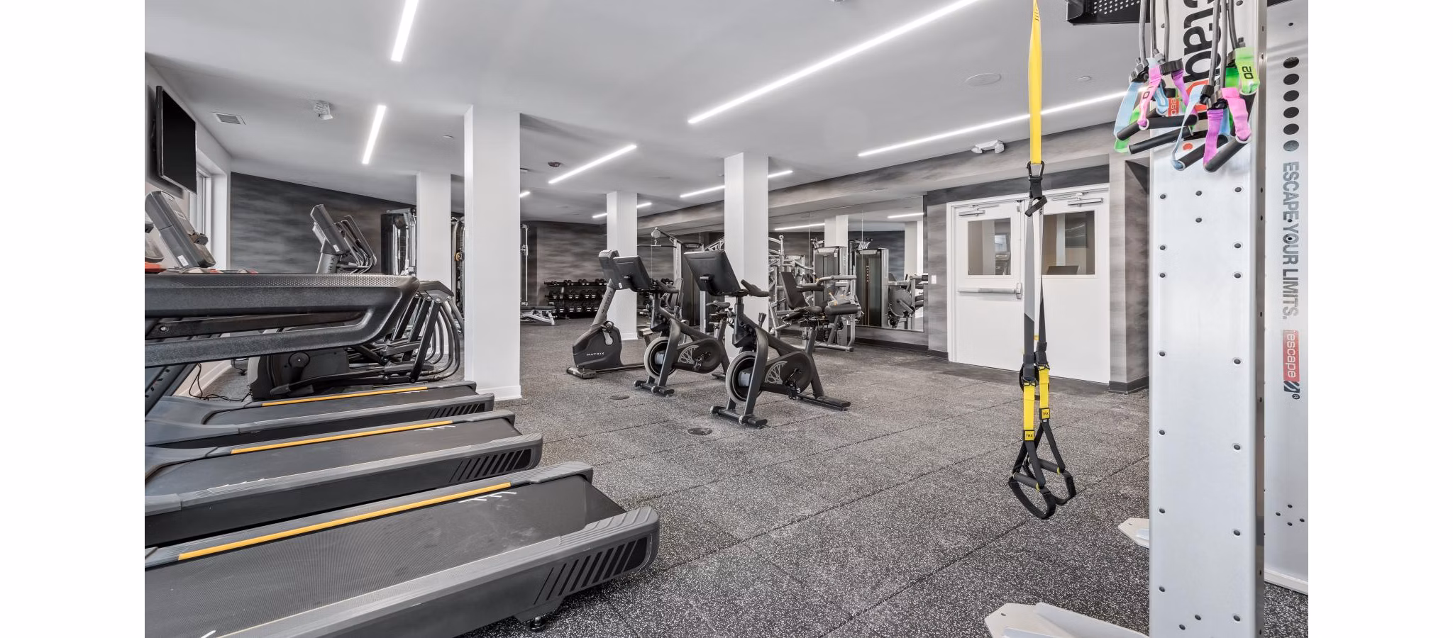 State-of-the-art fitness center at District 1860 Apartments with cardio and weight equipment for resident use