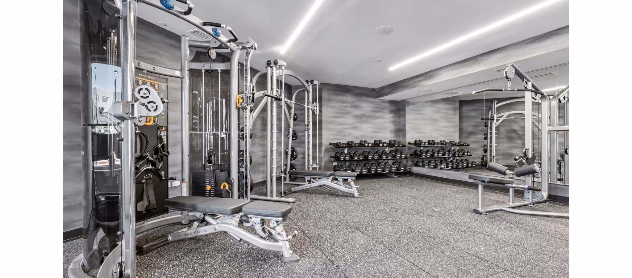 State-of-the-art fitness center with modern equipment at District 1860 Apartments