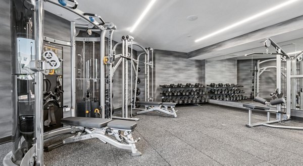 State-of-the-art fitness center with modern equipment at District 1860 Apartments