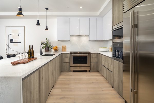 Modern kitchen with stainless steel appliances and quartz countertops at The Alfred Apartments, luxury living in the heart of the city