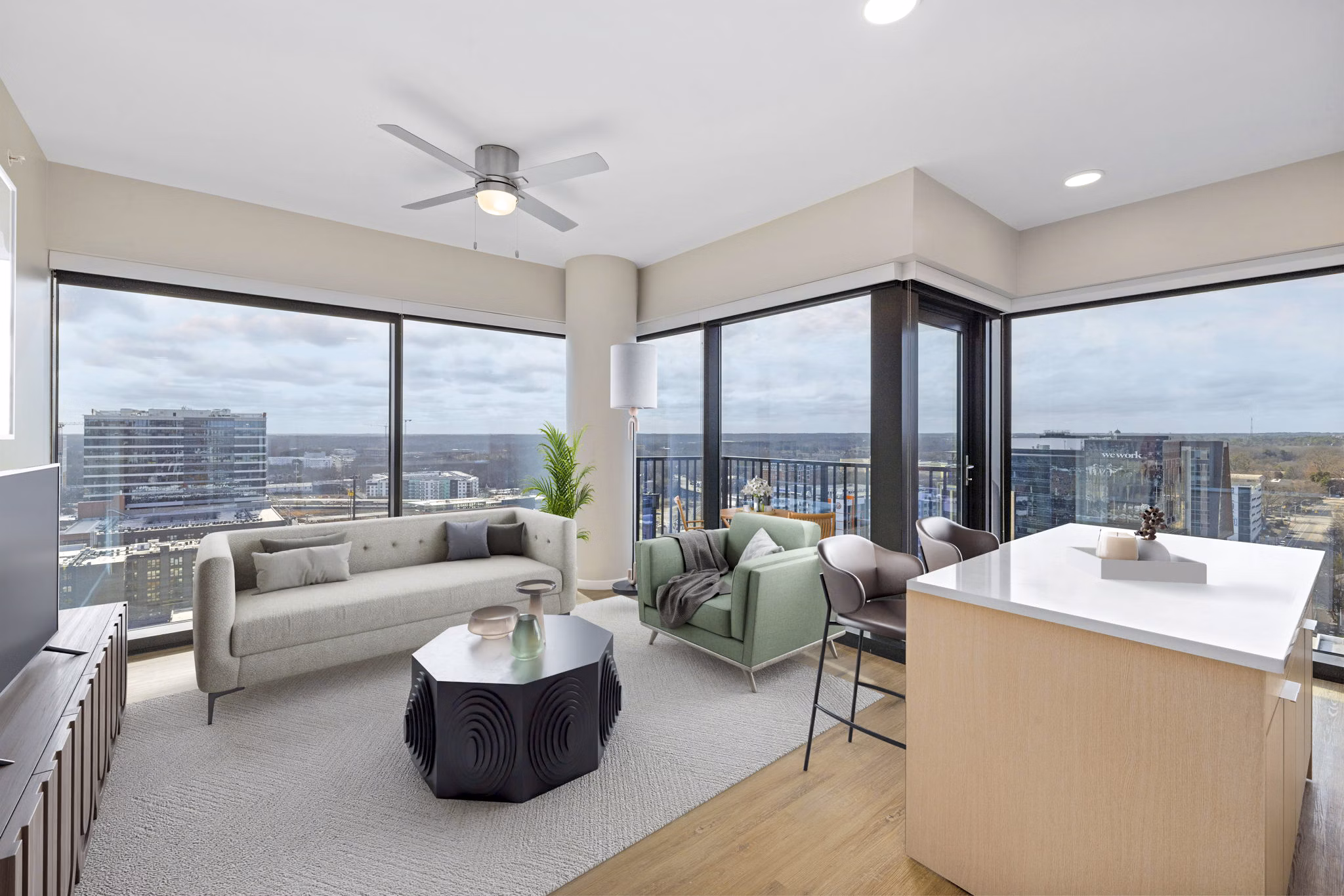 Spacious, modern living room with stylish furnishings at 400H Apartments in Raleigh
