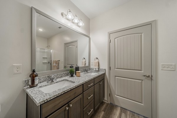 Elegant bathroom with modern fixtures at Pringle Square Apartments featuring luxury amenities and sophisticated design elements
