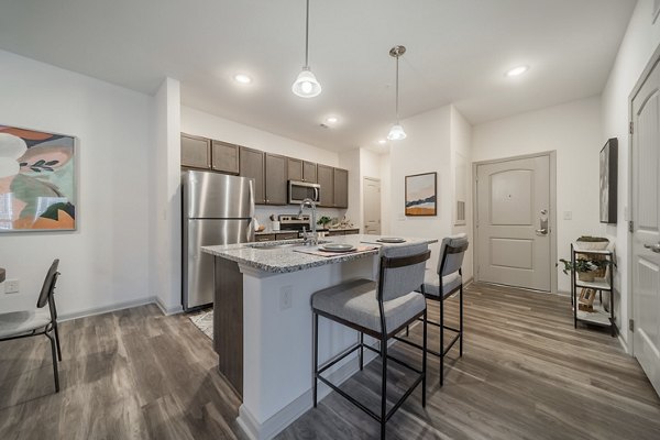 Modern kitchen with stainless steel appliances and granite countertops at Pringle Square Apartments