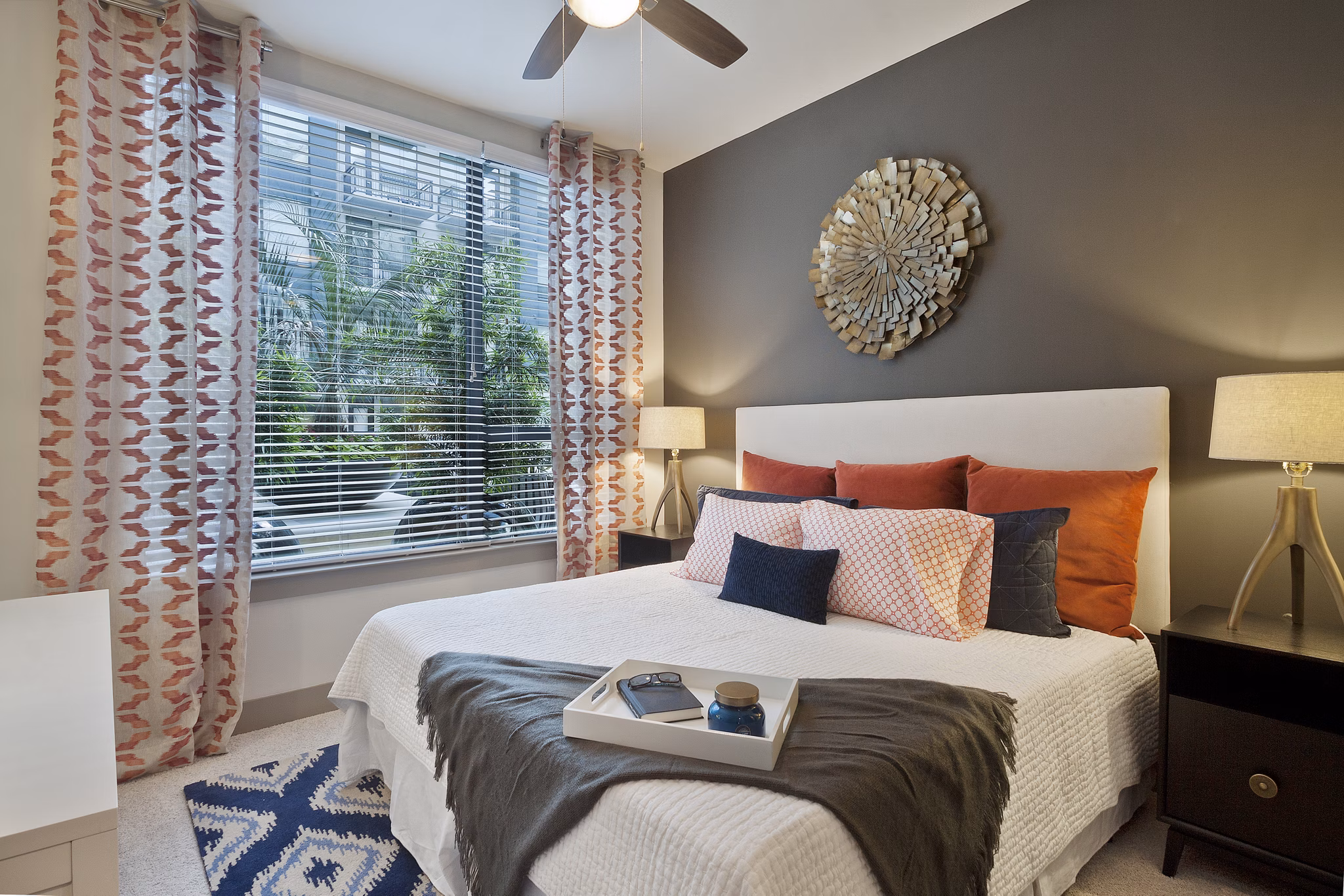 Bedroom with stylish decor and natural lighting at Echo Apartments, part of Greystar's luxury apartment collection