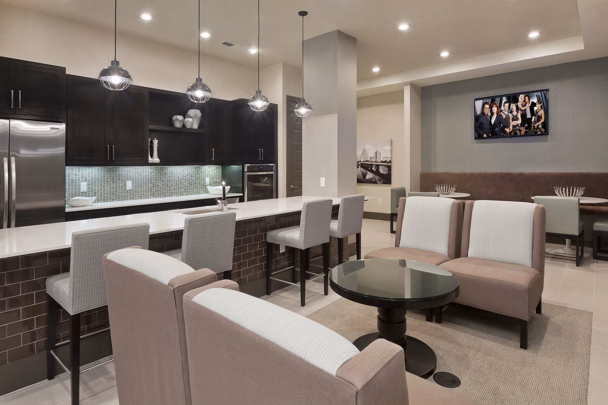 Elegant clubhouse featuring modern decor at Echo Apartments, ideal for social gatherings and events
