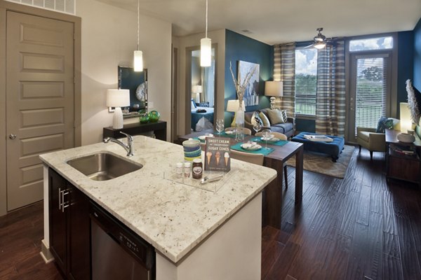 Modern kitchen with stainless steel appliances in Echo Apartments