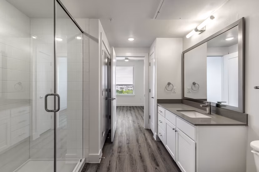 Bathroom featuring modern fixtures at Crosstown Apartments, a Greystar community