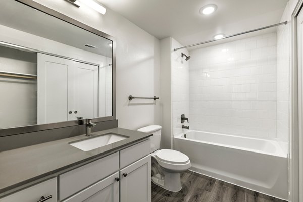 Elegant bathroom with marble countertops and modern fixtures at Crosstown Apartments
