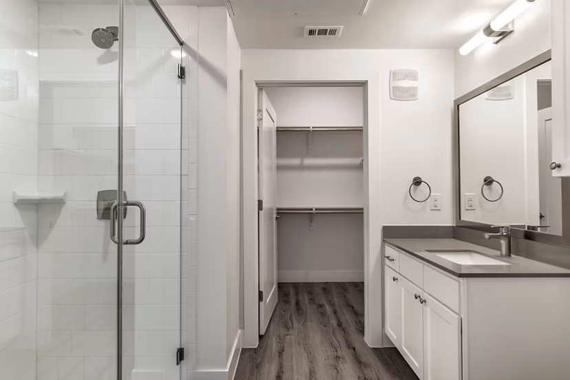 Modern bathroom with sleek fixtures at Crosstown Apartments