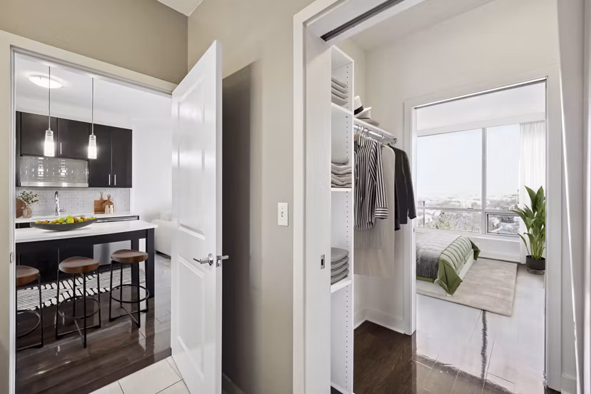 Hallway featuring contemporary lighting and sleek flooring at Verde Pointe luxury apartments