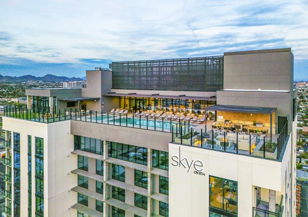 Skye on 6th Apartments: Contemporary high-rise building in the vibrant heart of the city, showcasing luxury urban living