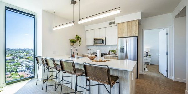 Modern kitchen with stainless steel appliances at Skye on 6th Apartments, luxury property by Greystar