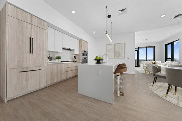 Modern kitchen featuring granite countertops and stainless steel appliances in Skye on 6th Apartments, providing luxury living