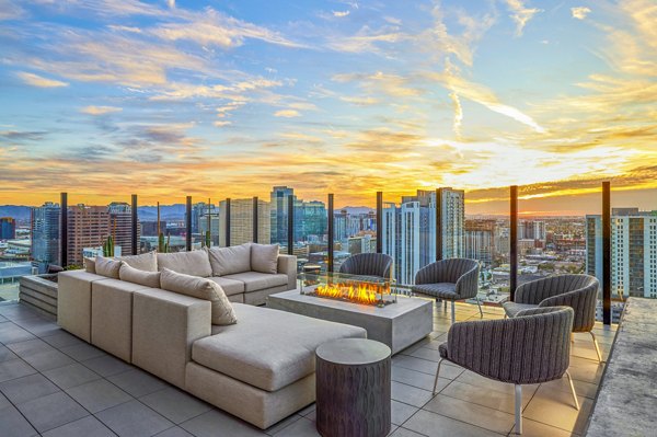 Cozy fire pit on the patio at Skye on 6th Apartments, providing luxury outdoor relaxation space for residents in downtown Phoenix