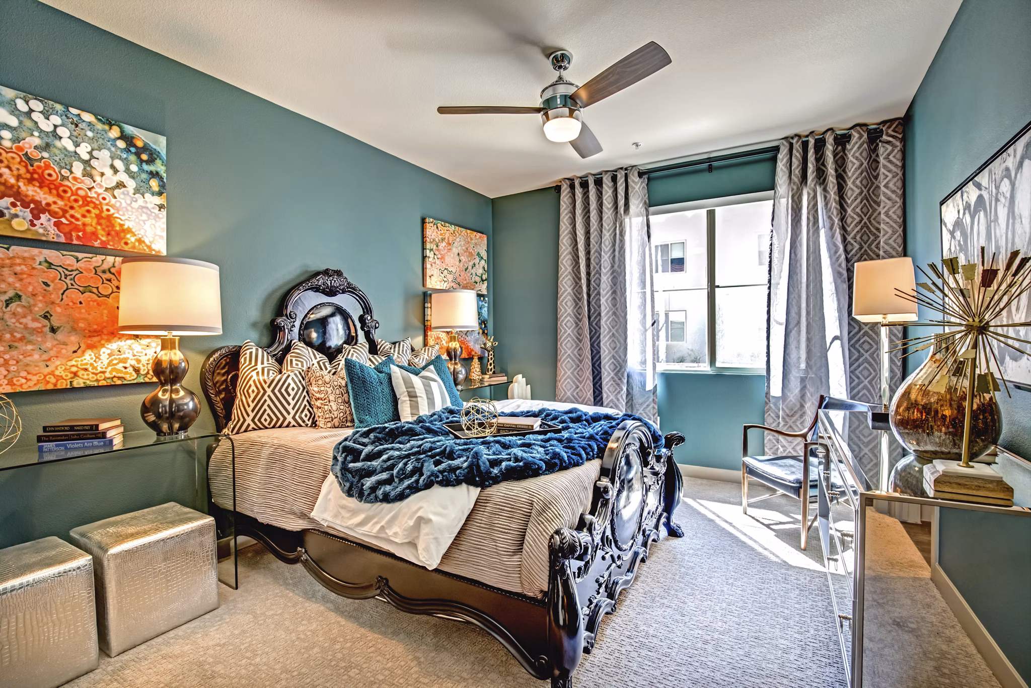 Modern bedroom with elegant furnishings in Constellation Apartments