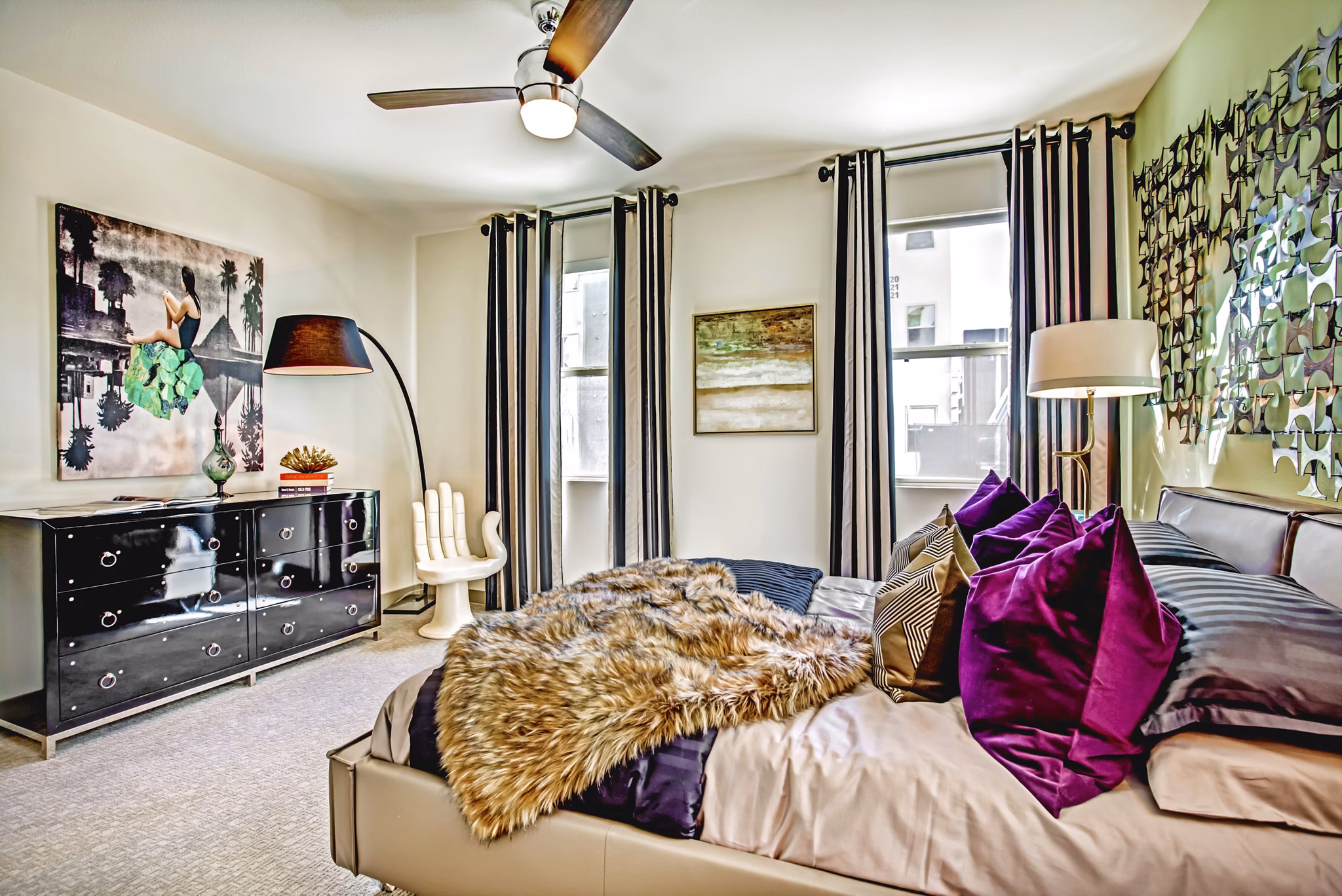 Elegant bedroom with modern furnishings at Constellation Apartments, offering comfort and style in a luxury living environment