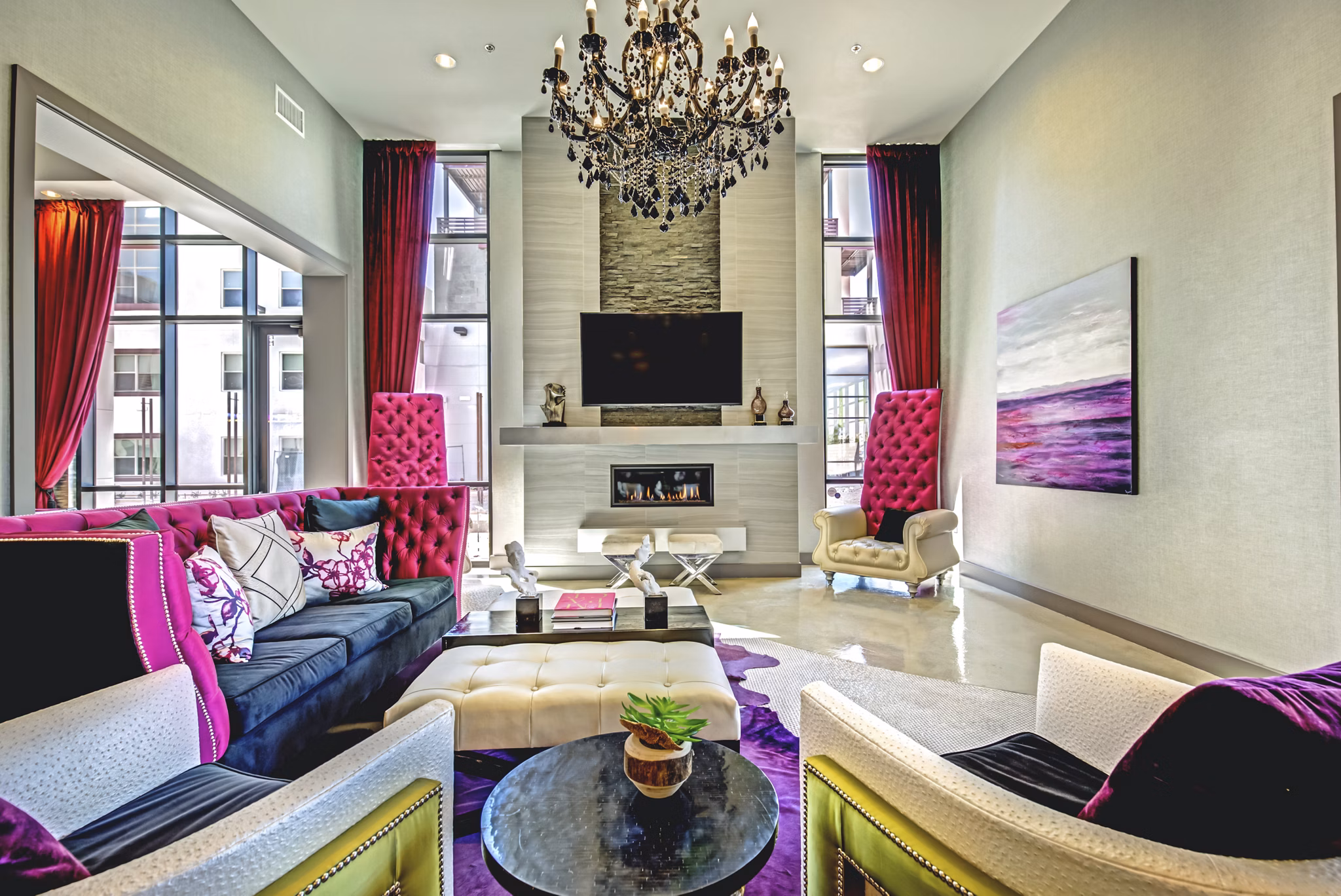 Luxurious clubhouse with modern furnishings at Constellation Apartments, offering residents a stylish space for relaxation and social gatherings