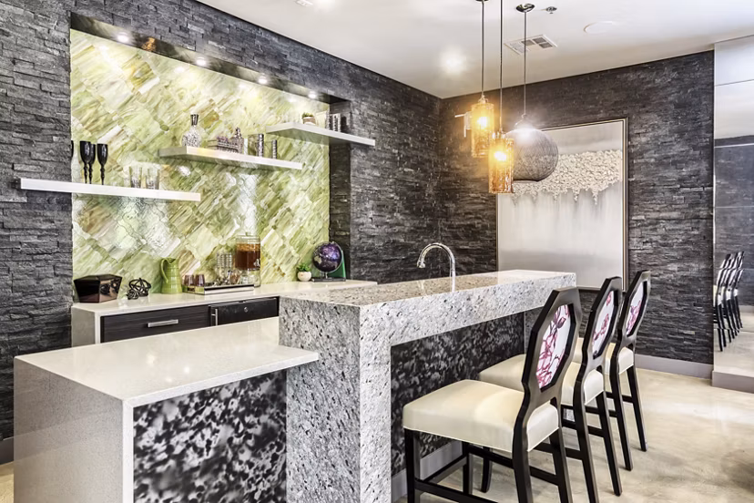 Clubhouse featuring modern interiors and communal seating at Constellation Apartments