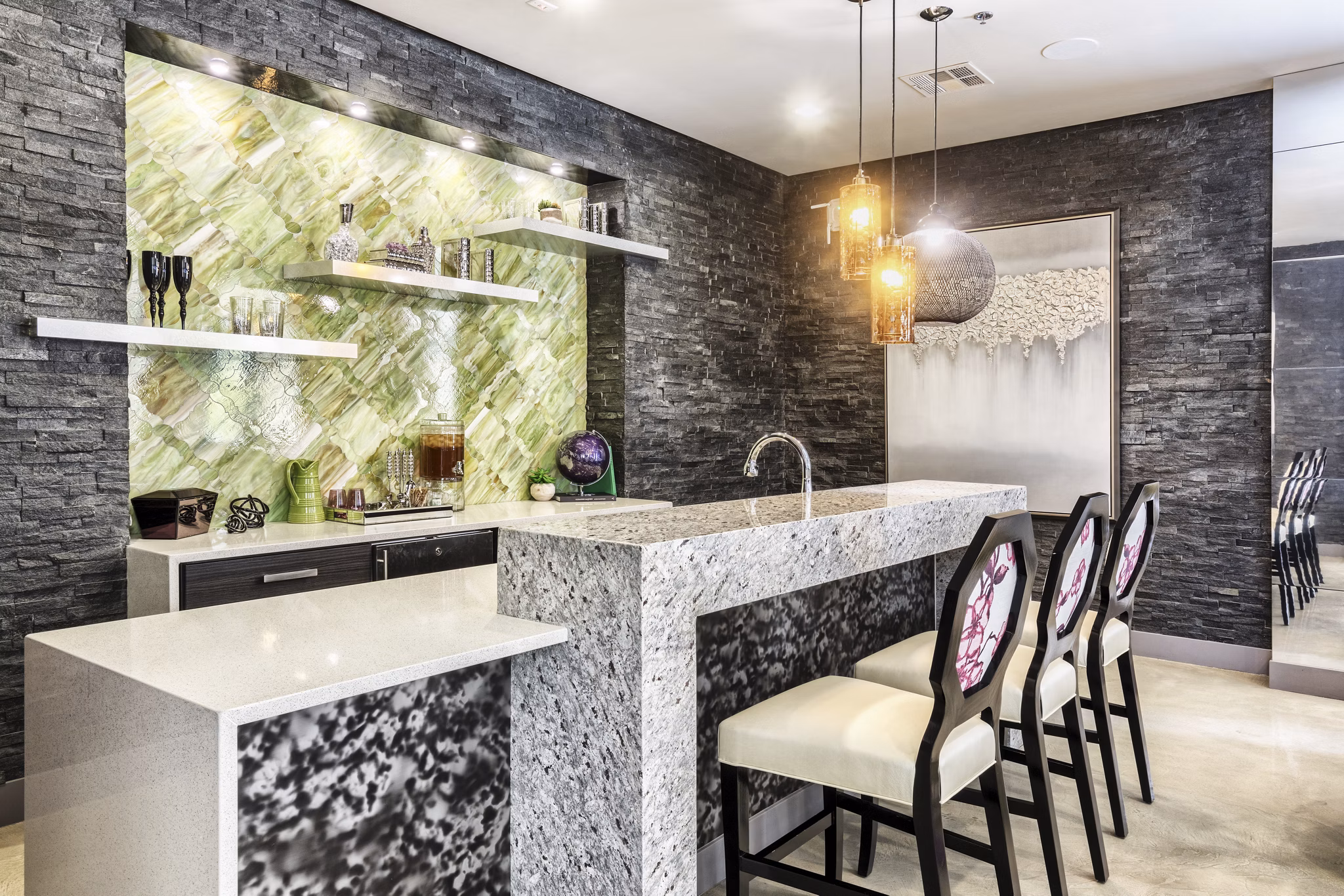 Clubhouse featuring modern interiors and communal seating at Constellation Apartments
