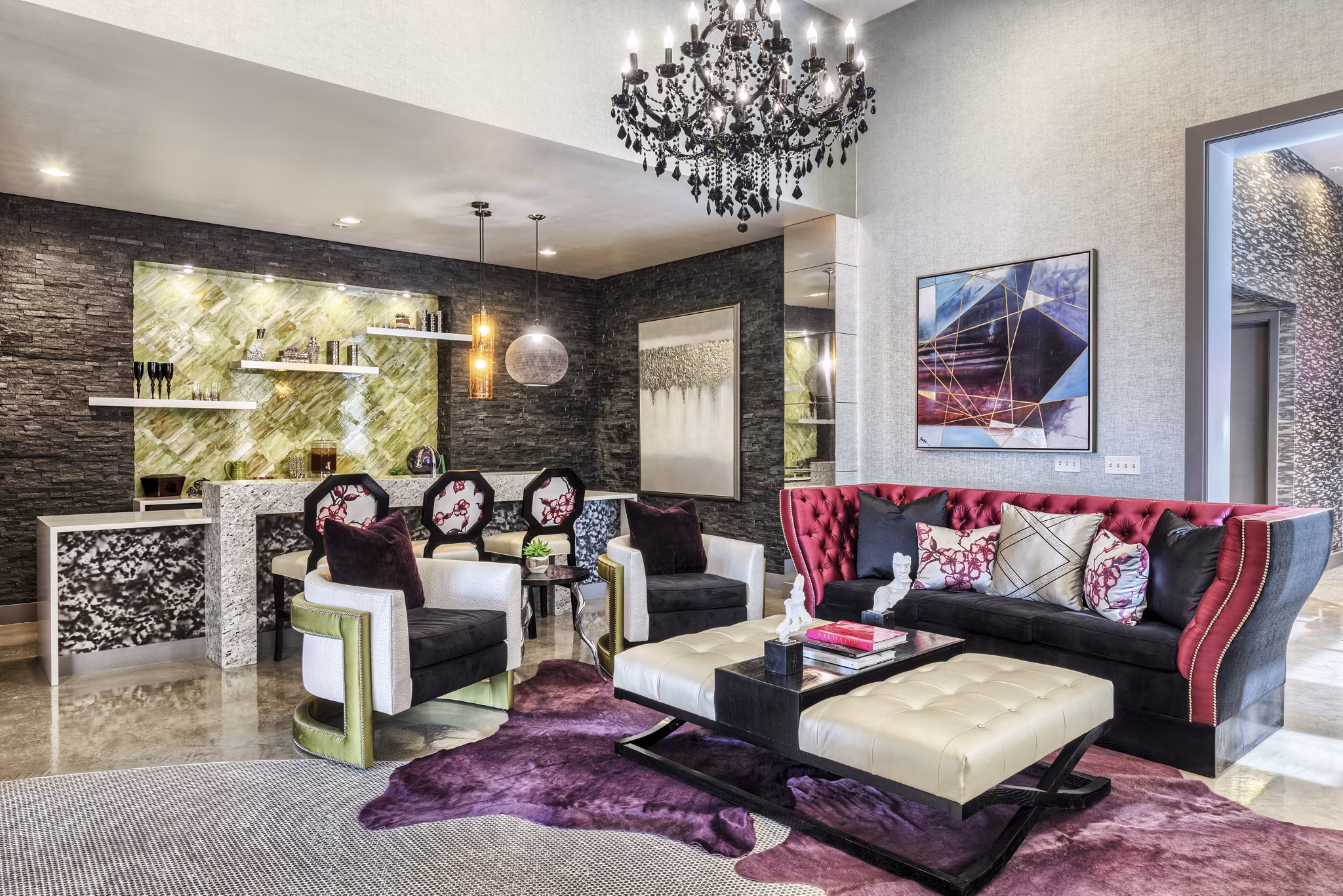 Clubhouse featuring modern design and cozy seating at Constellation Apartments, a luxury community
