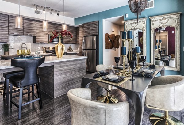 Dining area with contemporary dÃ©cor and sleek furniture at Constellation Apartments, offering a luxury living experience in vibrant city center