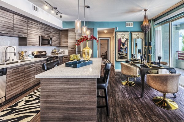 Modern kitchen with sleek countertops and stainless steel appliances in Constellation Apartments