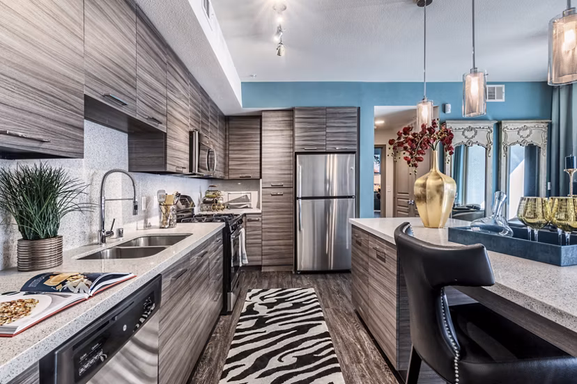 Modern kitchen with sleek countertops and stainless steel appliances in Constellation Apartments
