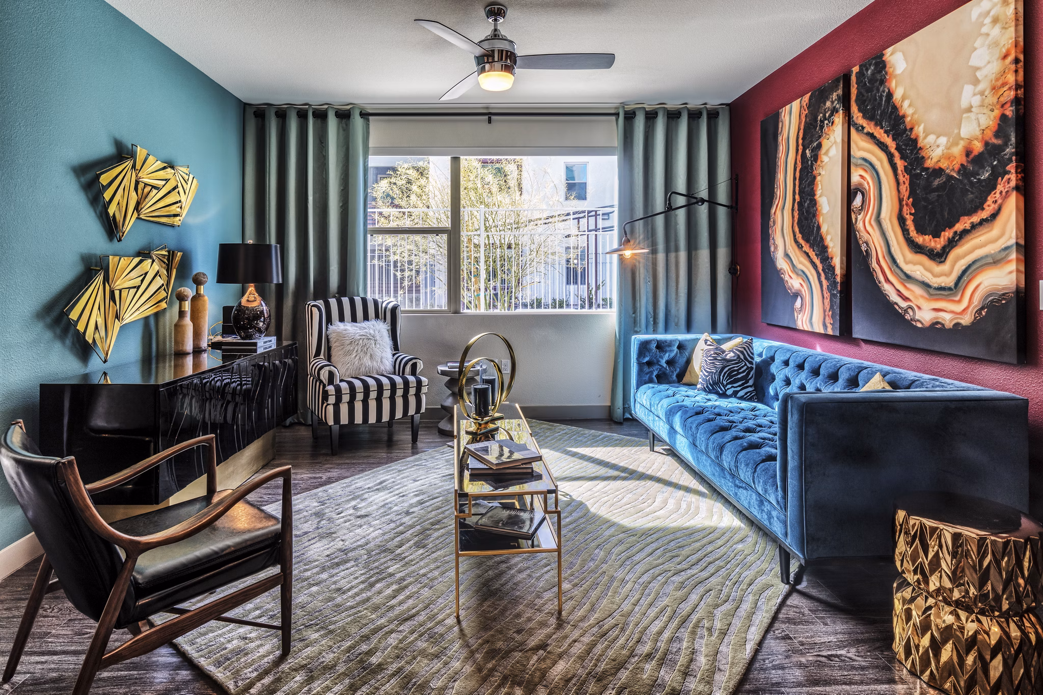 Modern living room with sleek furnishings in Constellation Apartments, ideal for luxury living at Greystar's sophisticated community