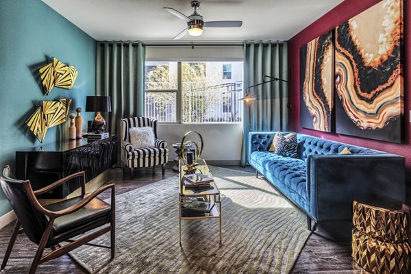 Modern living room with sleek furnishings in Constellation Apartments, ideal for luxury living at Greystar's sophisticated community