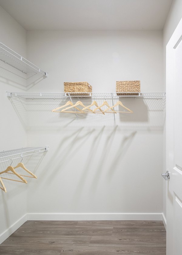 Walk-in closet with sleek shelving at Prose District West Apartments
