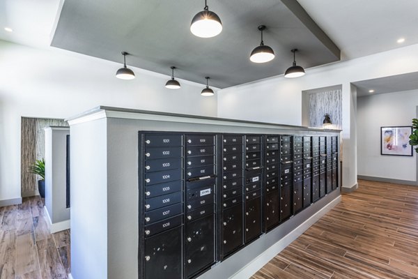 Clubhouse mail room with modern design and package lockers at Prose District West Apartments, offering convenient resident amenities