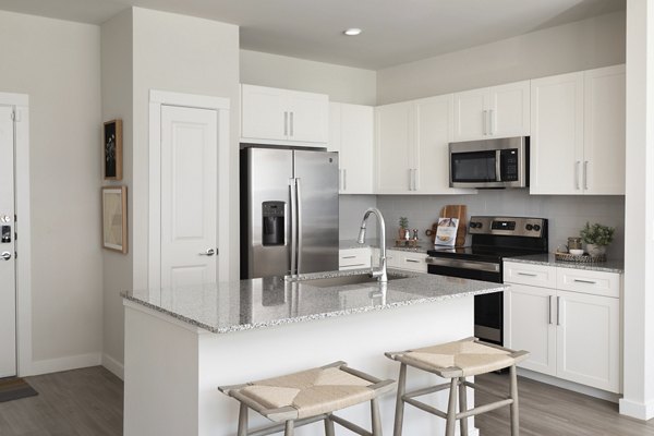 Kitchena featuring modern appliances and sleek countertops at Prose District West Apartments