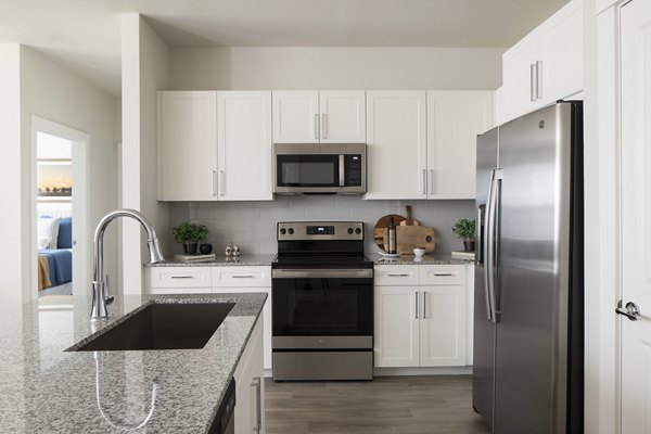 Modern kitchen with stainless steel appliances in Prose District West Apartments, Greystar's luxury living community