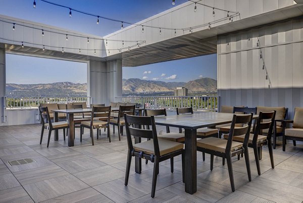 Rooftop deck with stunning skyline views at Bowers Apartments