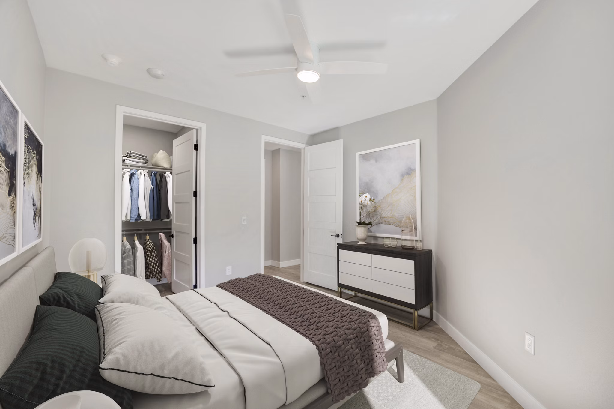 Spacious bedroom with modern decor at Tanager Echo Apartments