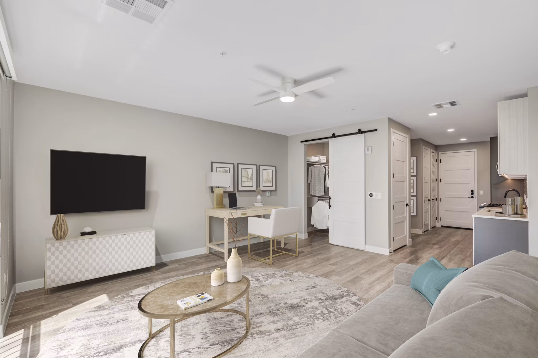 Spacious living room with modern decor and natural light at Tanager Echo Apartments, Luxurious Greystar property