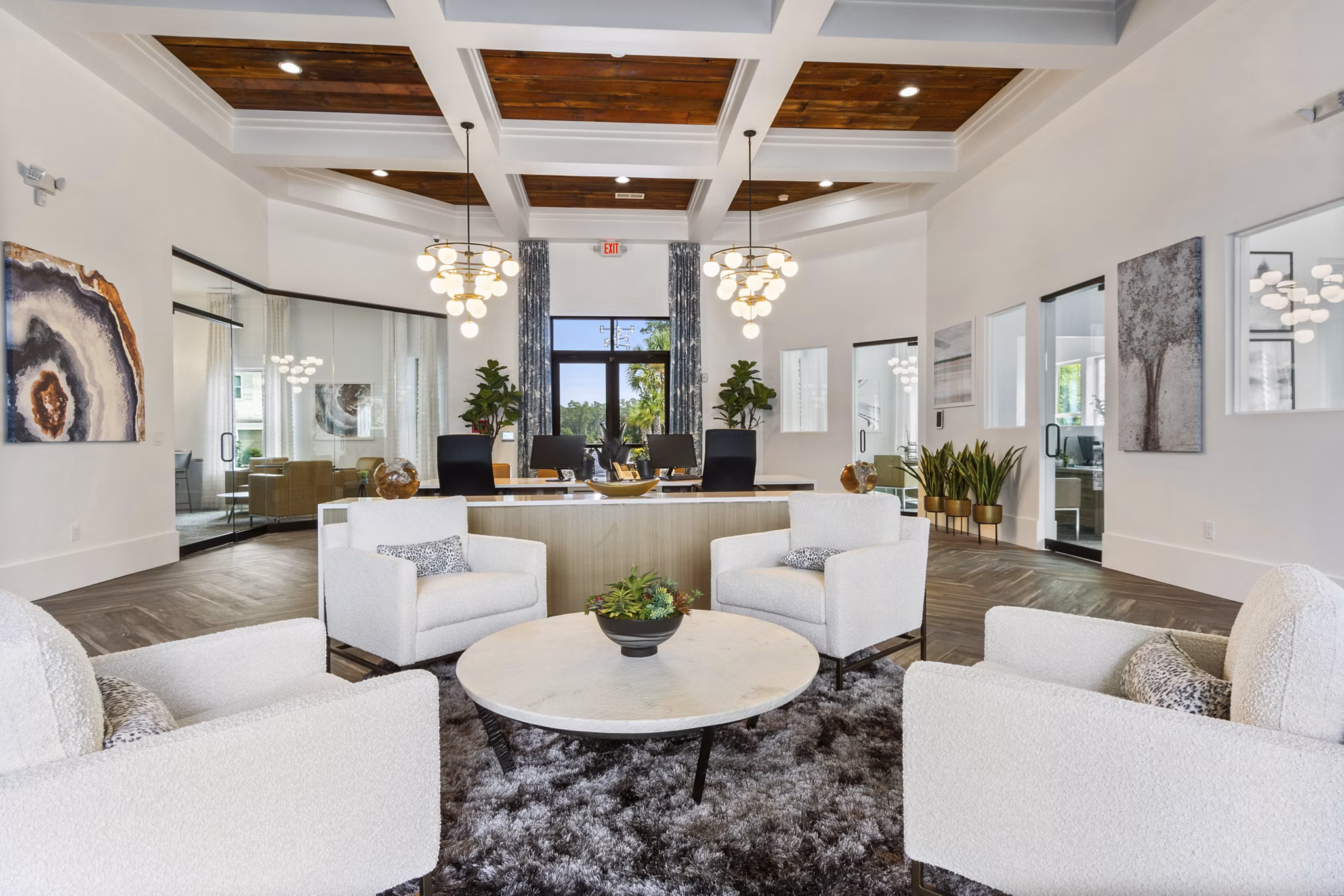 Clubhouse with modern design at Adara at Godley Station Apartments offering luxury amenities for residents