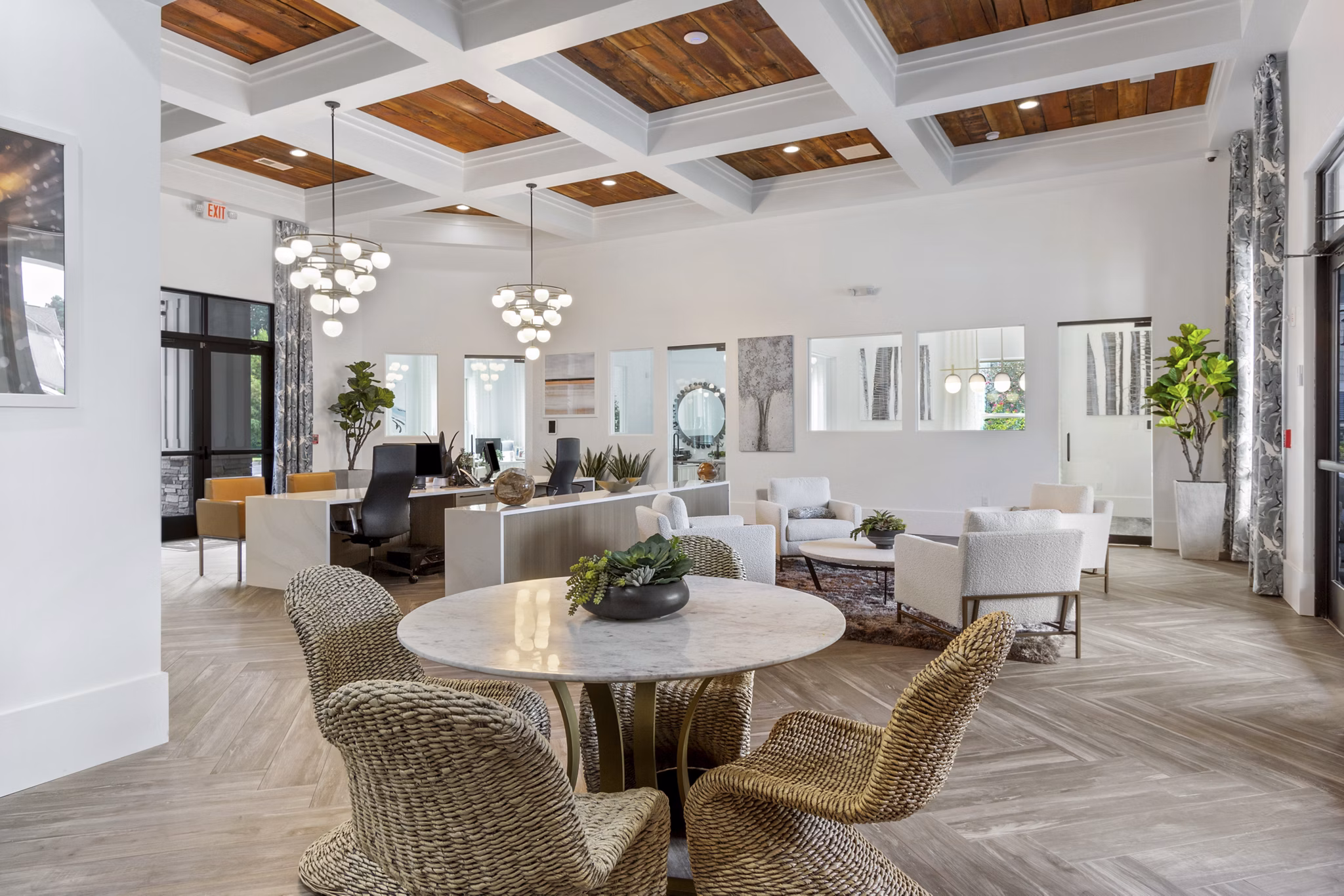 Elegant clubhouse with modern design at Adara at Godley Station Apartments, highlighting luxury living spaces and community charm